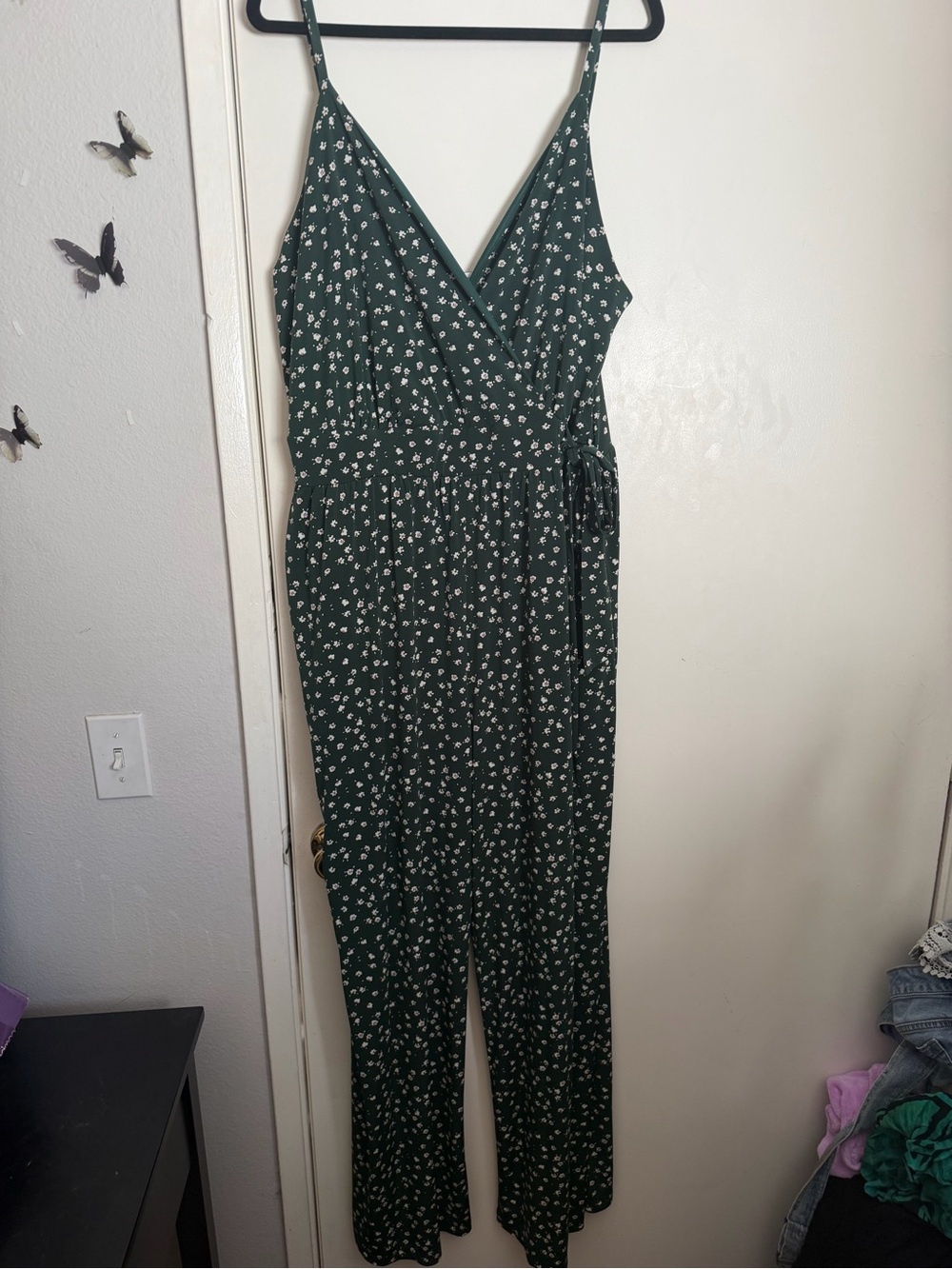 Dark Green Floral Wrap Jumpsuit with Tie Waist